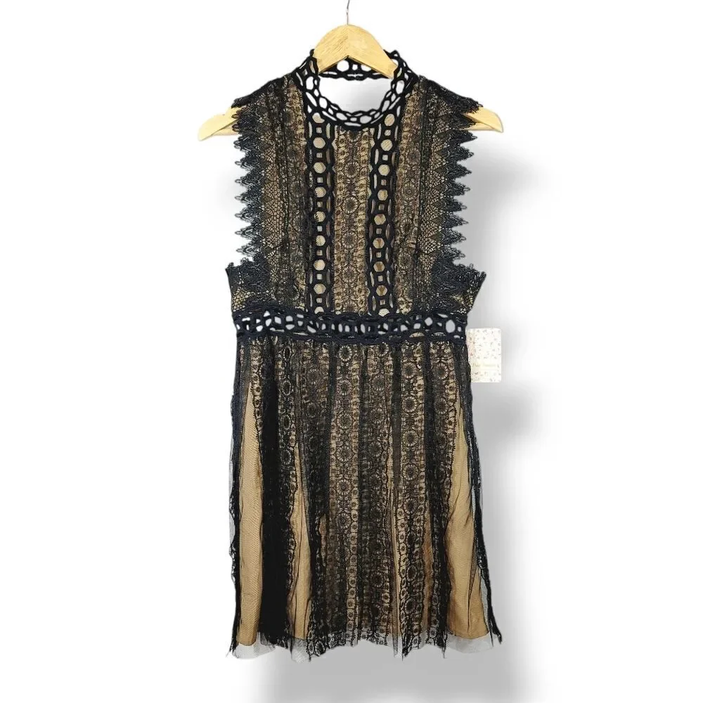 NEW Free People Forever Lace Embroidered Open Back Babydoll Black Dress Size 8